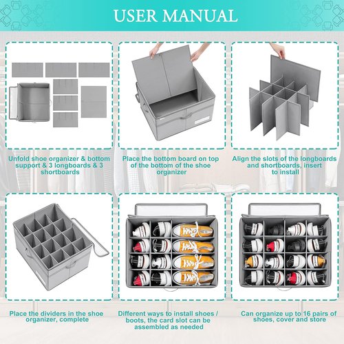 LUVHOMEE Shoe Organizer - Clear Foldable Storage Bins for 16 Pairs - Space-Saving Gray Design