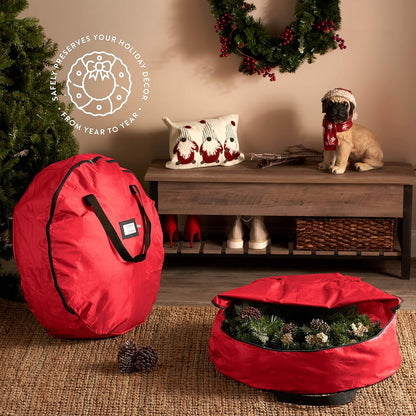 ZOBER Christmas Wreath Storage Bag - Waterproof 24 Inch Oxford Container with Dual Zippers & Strong Handles - Red