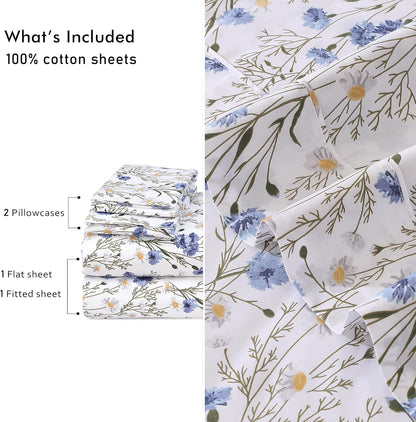 RUVANTI King Size Cotton Sheets - 100% Percale Bedding, Cooling Floral Design, 4-Piece Set, 16" Deep Pocket, Soft & Durable