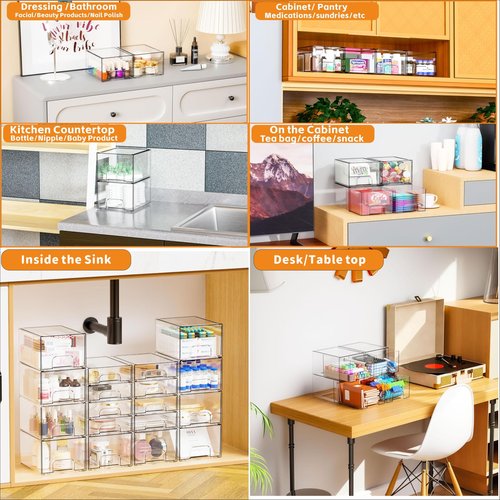 4.4" Tall Small Clear Acrylic Stackable Storage Drawers for Vanity,Under Sink,Bathroom Closet,Medicine Cabinet Organization and Plastic Storage Bins for Organizing Makeup,Baby Bottles,Pacifier,6 PCS