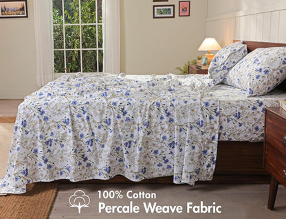 RUVANTI King Size Cotton Sheets - 100% Percale Bedding, Cooling Floral Design, 4-Piece Set, 16" Deep Pocket, Soft & Durable