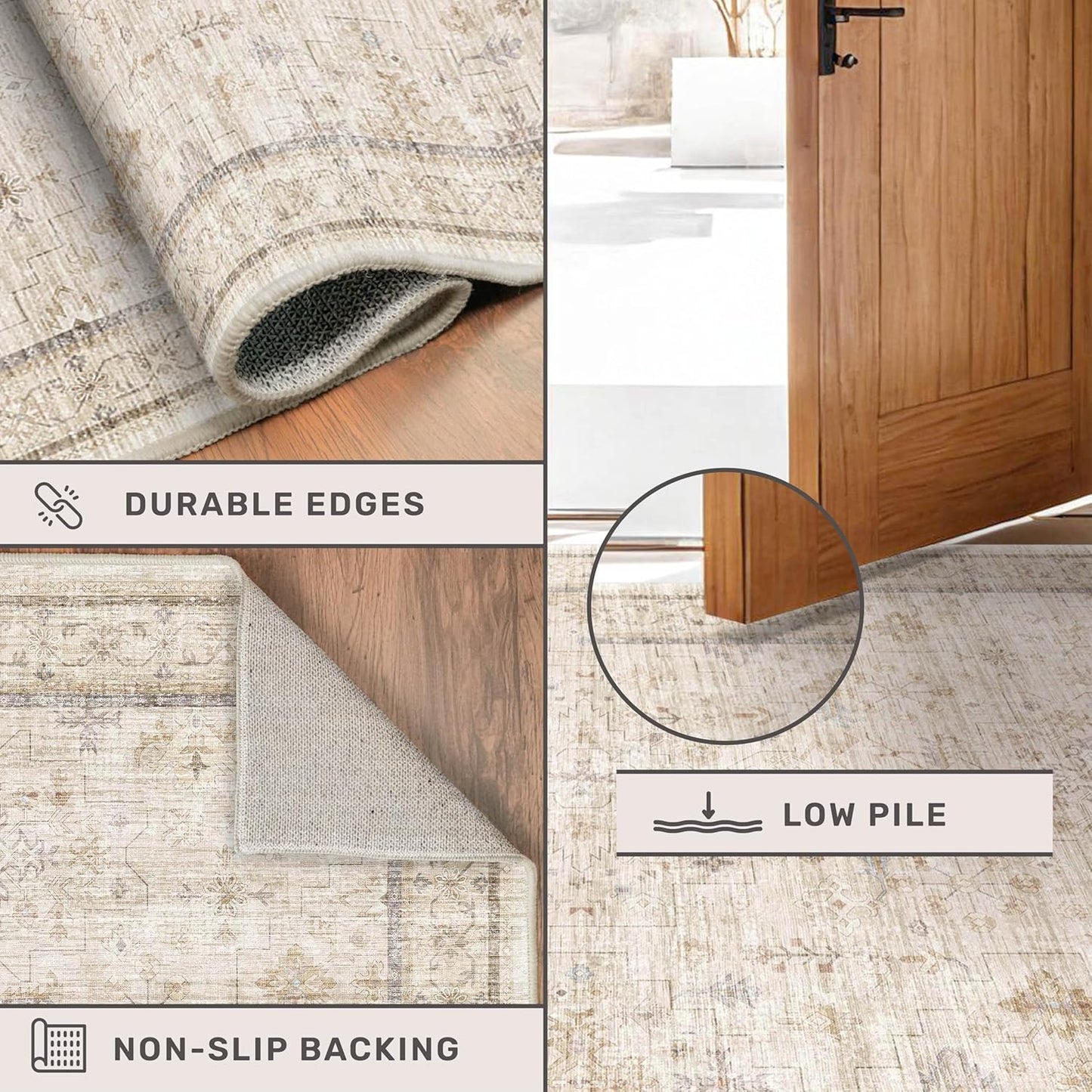 Skiennix Extra Long Runner Rug - Non-Slip, Machine Washable | Soft Low Pile, Light Beige, 2'6"x10' Geometric Floral Design