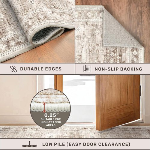 Boho Bathroom Rugs - Washable Non-Slip Soft Area Rug for Entryway & Kitchen | Modern Farmhouse Design (2x3 Beige/Latte)