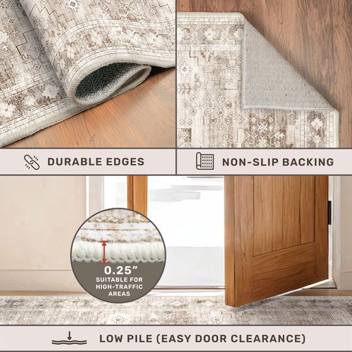 Washable Neutral Farmhouse Large Entryway Rug, 3x5 Area Rugs for Kitchen, Bedroom, Laundry Room, Nursery Room, Boho Vintage Floral Non-Slip Throw Rug Low Pile Stain Resistant (3x5 Beige/Latte)