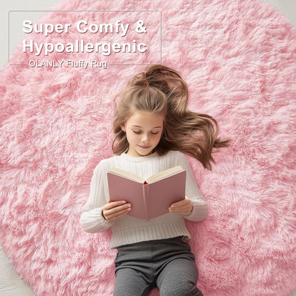OLANLY Pink Round Rug - Soft, Fluffy Shaggy Carpet | 3 ft Machine Washable Area Rug for Bedroom & Nursery