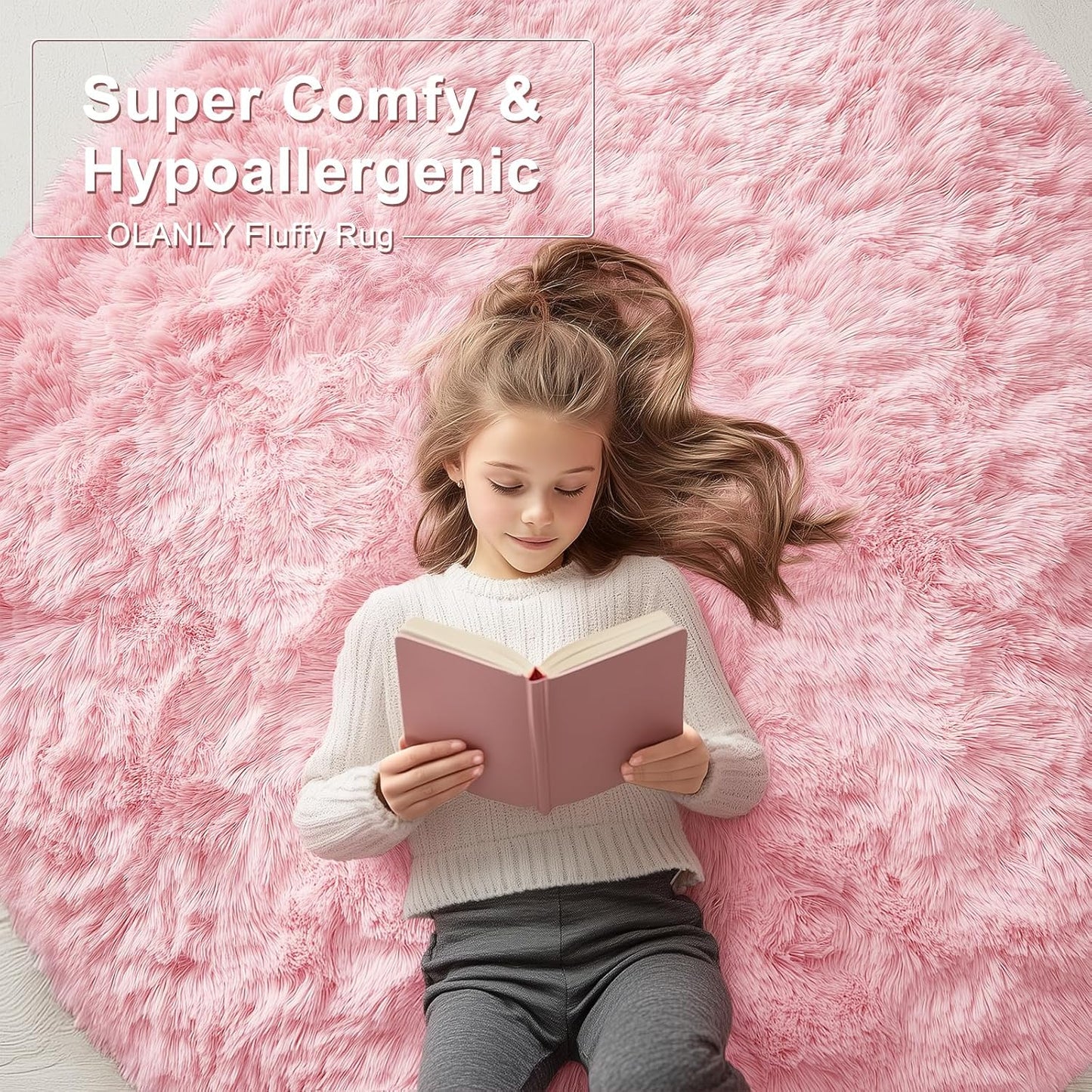 OLANLY Pink Round Area Rug - Soft, Fluffy, Machine Washable 8 ft Circle Carpet for Bedrooms & Nurseries