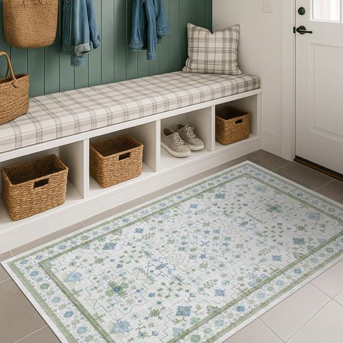 Hazo Haus Washable Rugs - Vintage Boho Floral Design | Blue & Green 3x6 Non-Slip Accent Rug