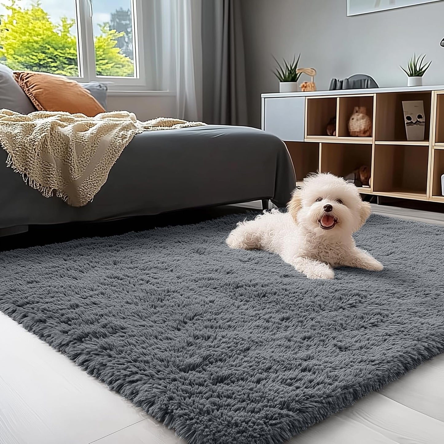 OLANLY Small Bedside Rug - Soft Fluffy Shaggy Carpet for Living Room & Bedroom | Machine Washable, Grey
