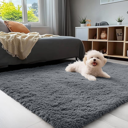 OLANLY Small Bedside Rug - Soft Fluffy Shaggy Carpet for Living Room & Bedroom | Machine Washable, Grey