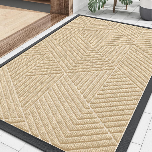 Smiry Heavy-Duty Natural Rubber Front Door Mat - Trap Dirt & Moisture, Easy Clean | Irregular Triangle (29.5x17, Beige)