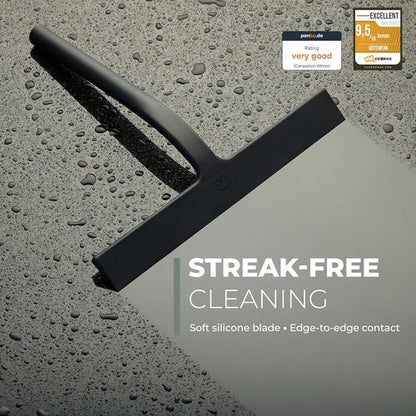 GÜTEWERK Silicone Shower Squeegee - Streak-Free Glass & Mirror Cleaner | 3-in-1 No-Drill Mount, Black, 9''