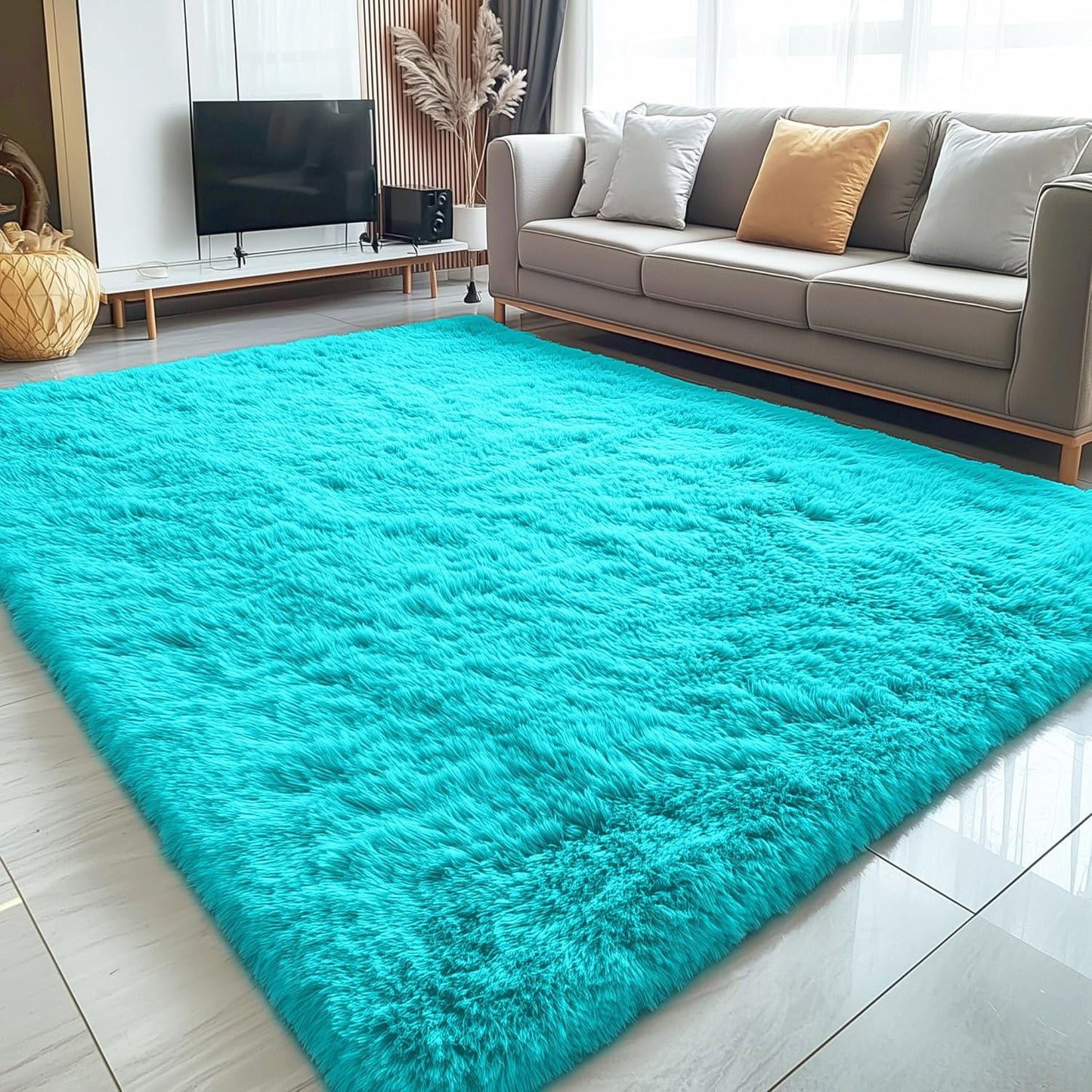 OLANLY Large Area Rug - Soft Fluffy Shaggy Carpet for Living Room & Bedroom | 8x10 Teal Blue