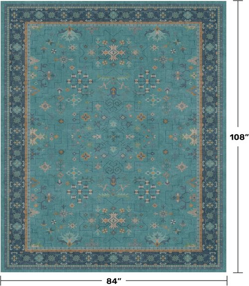 Boho Teal 7x9 Soft Rug - Washable Turquoise Vintage Carpet for Living Room & Bedroom
