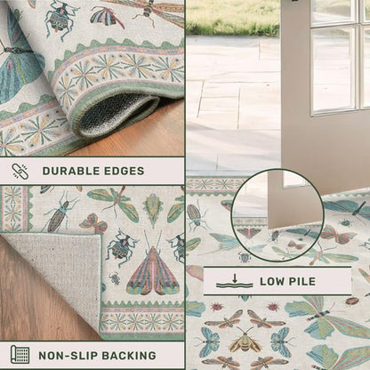 Hazo Haus Boho Bathroom Runners - 2x6 Blue and Green Rug for Kitchen, Entry Way, Non Slip Washable Butterfly Insect Print Home Decor