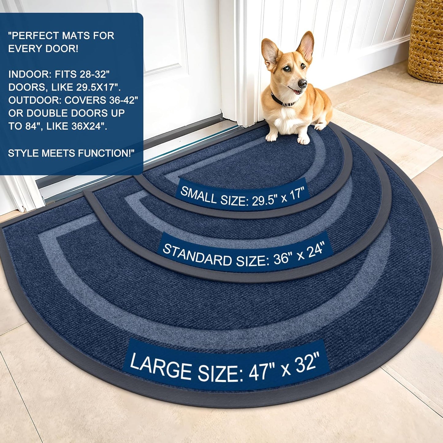 OLANLY Half Circle Door Mat - Waterproof All-Season Doormat for Indoor/Outdoor Use | 59x23, Blue