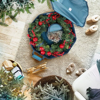 Hearth & Harbor Christmas Wreath Storage Organizer Box - Premium Hard Shell with Dual Zipper & Pockets | 24" Blue