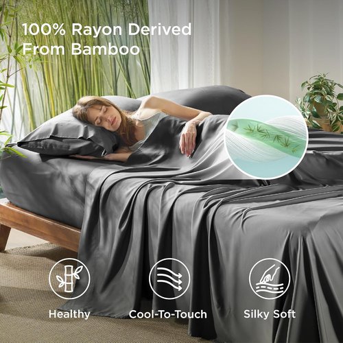 Bedsure King Size Cooling Sheets Set - Breathable & Soft Rayon from Bamboo | Luxury Grey Bedding