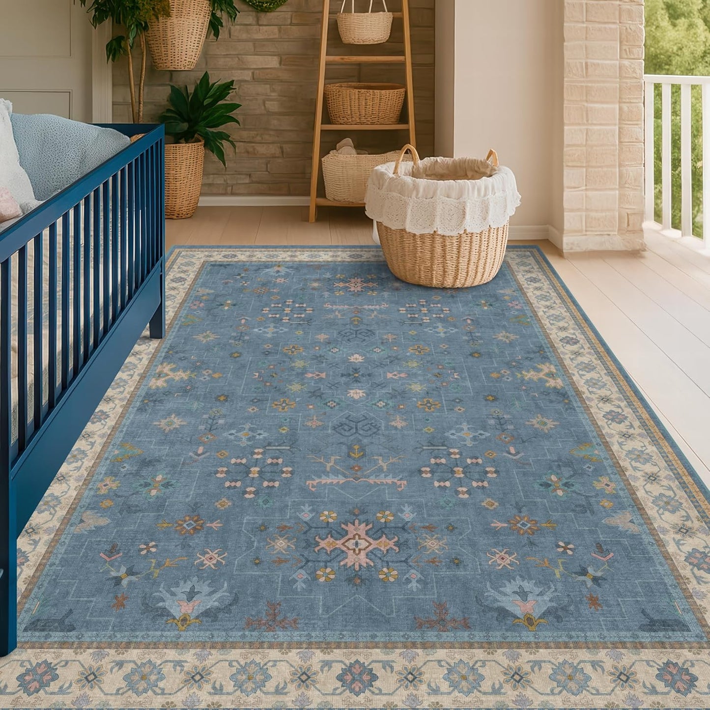 Skiennix 5x8 Boho Eclectic Area Rug - Modern Low-Pile Carpet for Living Room, Bedroom & Nursery - Washable Non-Slip Design