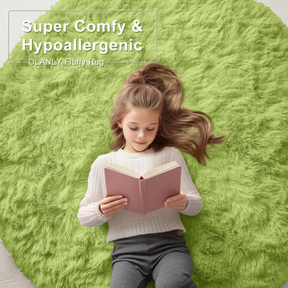 OLANLY Grass Green Round Rugs for Bedroom - Machine Washable, 4 ft Circle Area Rugs for Living Room, Soft and Fluffy Shaggy Carpet for Teen Girls and Boys, Nursery Rooms, Dorms, Home Decor Aesthetic