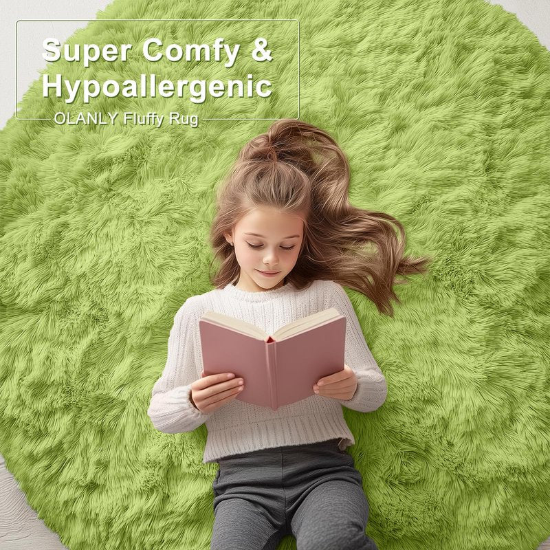 OLANLY Grass Green Round Rugs for Bedroom - Machine Washable, 8 ft Circle Area Rugs for Living Room, Soft and Fluffy Shaggy Carpet for Teen Girls and Boys, Nursery Rooms, Dorms, Home Decor Aesthetic