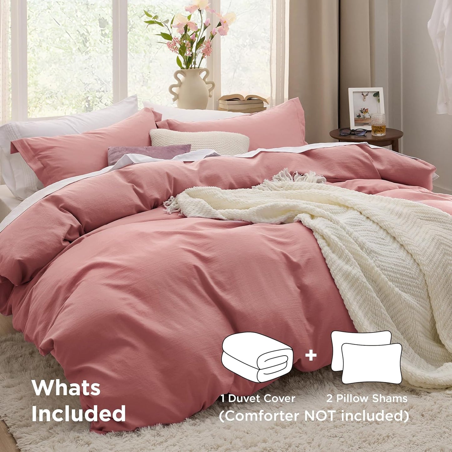 Bedsure Pink Clay Duvet Cover Set | Extra Soft Prewashed Cotton-Like Bedding - Queen Size 3 Pieces (90x90 Inches)