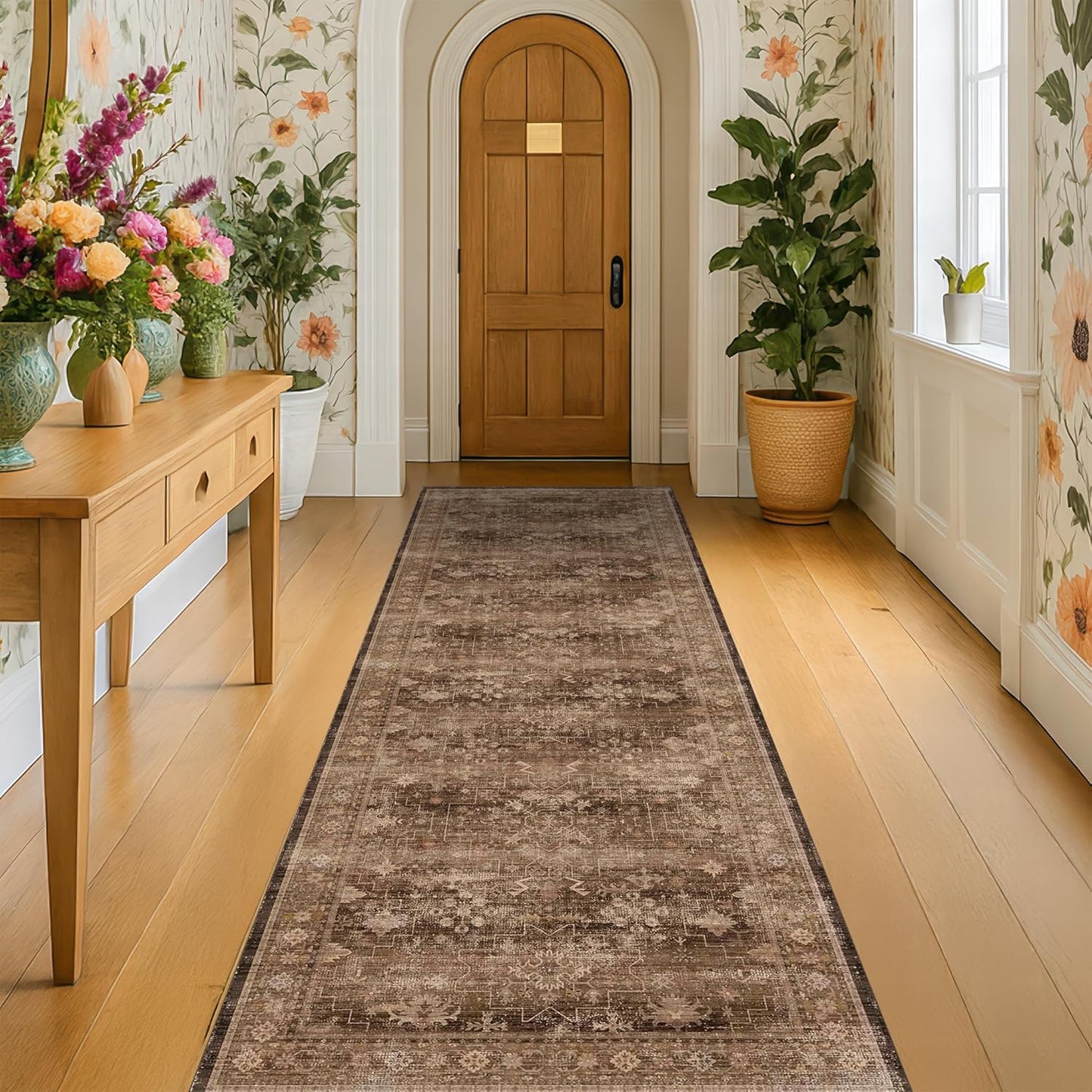 Skiennix Brown Boho Runner Rug - Washable 2x7, Non-Slip, Soft Faux Wool | Pet & Kid Friendly, Stain Resistant