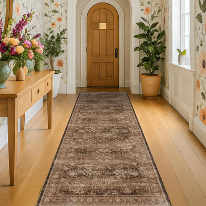 Skiennix Brown Boho Runner Rug - Washable 2x7, Non-Slip, Soft Faux Wool | Pet & Kid Friendly, Stain Resistant
