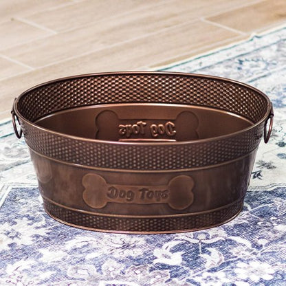 BREKX Indestructible Metal Dog Toy Bin - Copper Galvanized Storage Bin with Handles, Pet Storage Organizer - Ropes, Blankets, & Leashes, Bone Design Pet Toy Box (15-Quart)