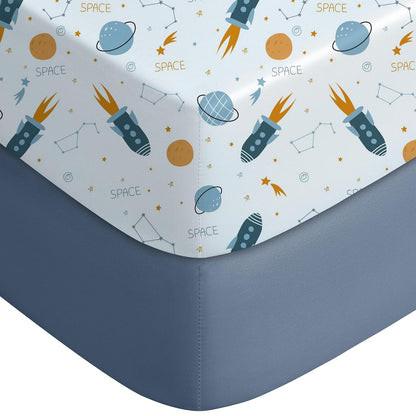 Yoofoss Fitted Pack and Play Sheets - Soft, Breathable Mini Crib Sheets 2-Pack in Blue Rocket Design