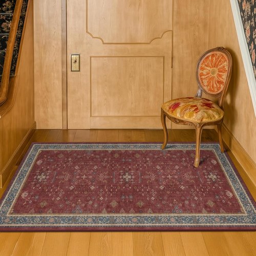Burgundy Washable 2x3 Rug - Non-Slip, Stain & Fade Resistant | Boho Indoor Entryway & Kitchen Decor