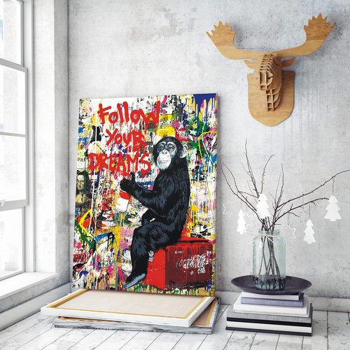 Banksy Canvas Art - Inspirational Graffiti Monkey Wall Decor for Living Room | 24"x16" Framed Print
