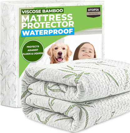 Utopia Bedding Waterproof Mattress Protector - Queen Size Bamboo Viscose Cooling Cover | Soft & Breathable with 17-Inch Deep Pockets