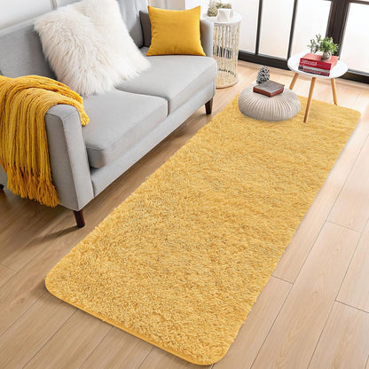 OLANLY 2x4 Machine Washable Runner Rug - Soft Fluffy Shaggy Design for Bedroom & Hallway | Mustard Yellow