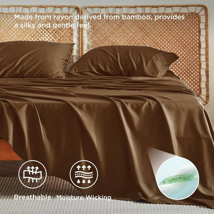 Bedsure Cooling Bed Sheets - Breathable Rayon from Bamboo, Deep Pocket up to 16 Inches, Luxurious Softness in Brown