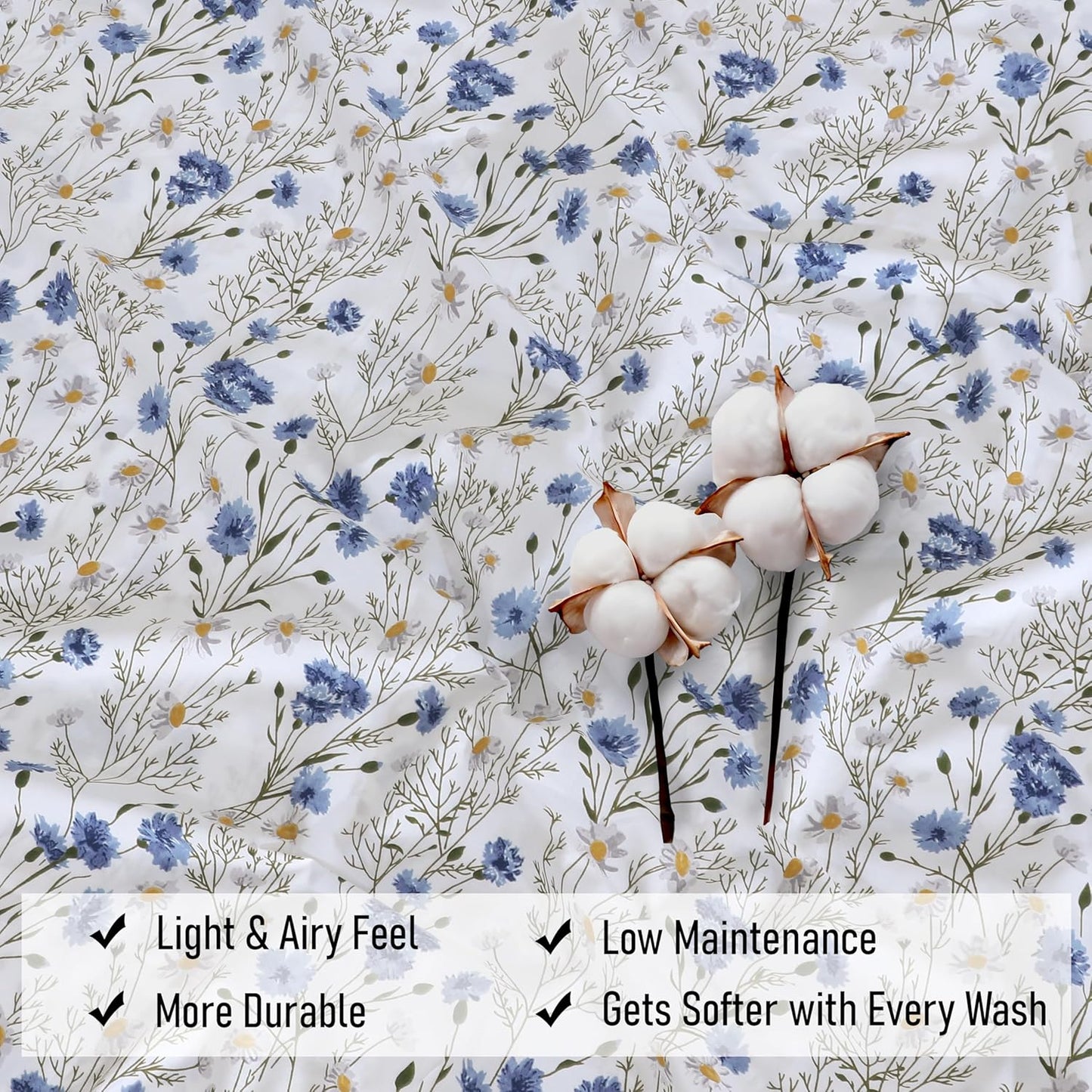 RUVANTI King Size Cotton Sheets - 100% Percale Bedding, Cooling Floral Design, 4-Piece Set, 16" Deep Pocket, Soft & Durable