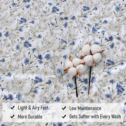 RUVANTI King Size Cotton Sheets - 100% Percale Bedding, Cooling Floral Design, 4-Piece Set, 16" Deep Pocket, Soft & Durable
