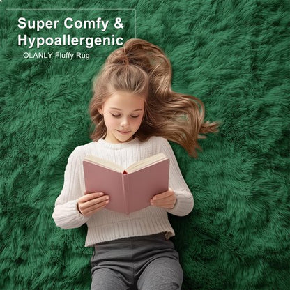 OLANLY Area Rugs for Living Room Bedroom, Machine Washable 4x5.9 ft Soft Fluffy Shaggy Bedside Rug, Indoor Floor Carpet for Kids Girls and Boys, Dorms, Nursery Rooms, Home Decor Aesthetic, Dark Green