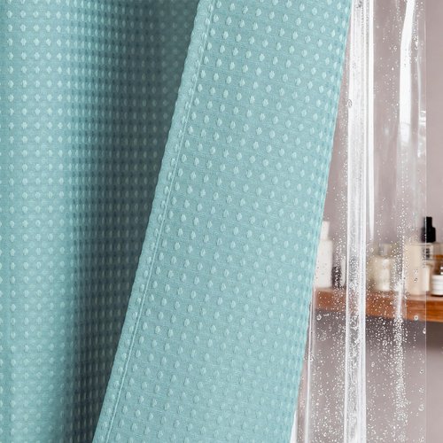 Dynamene Long Shower Curtain and Liner Set - 78 inch Tall Waffle Fabric, Waterproof Clear Liner, Heavy Duty Weighted Hotel Luxury Cloth Shower Curtains for Bathroom with 12 Hooks, 72x78, Teal