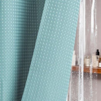 Dynamene Long Shower Curtain and Liner Set - 78 inch Tall Waffle Fabric, Waterproof Clear Liner, Heavy Duty Weighted Hotel Luxury Cloth Shower Curtains for Bathroom with 12 Hooks, 72x78, Teal