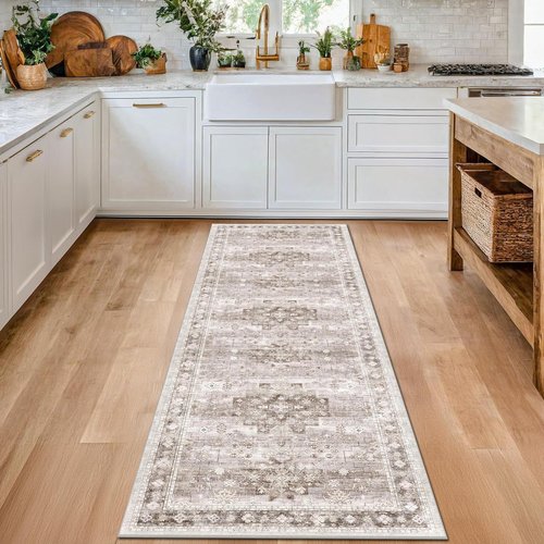 Hazo Haus Boho Bathroom Rug - Vintage Floral Design | 2x5 Non-Slip Washable Runner in Beige Latte