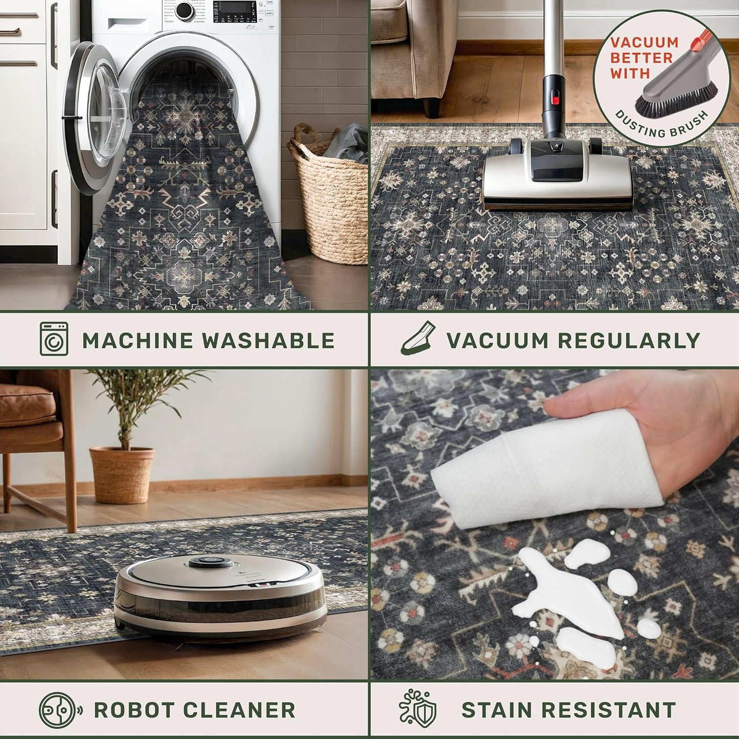 Skiennix Black Washable Entry Rug - Non-Slip Rubber Backing | Stain & Fade Resistant, 2x3 Size