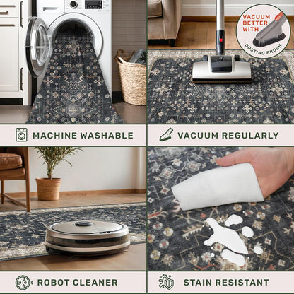 Skiennix Black Washable Entry Rug - Non-Slip Rubber Backing | Stain & Fade Resistant, 2x3 Size