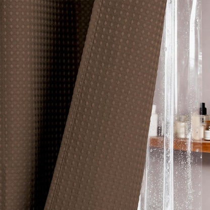 Dynamene Stall Shower Curtain and Liner Set - 36 x 72 inch Half Waffle Fabric, Narrow Waterproof Clear Liner, Heavy Duty Weighted Hotel Luxury Cloth Shower Curtains for Bathroom with 6 Hooks, Brown