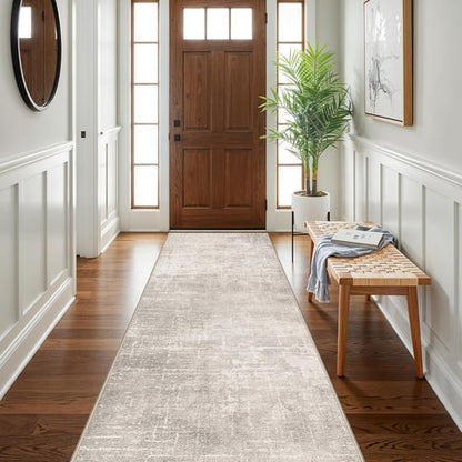 Abstract Kitchen Rug Runners - Washable Non-Slip 10ft Area Rug for Hallway & Entryway | Soft Beige/Cream