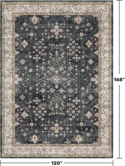 Boho Black Rug | Washable 10x14 Area Rug - Soft Low Pile Carpet for Living Room & Dining Room, Non-Slip & Stain Resistant