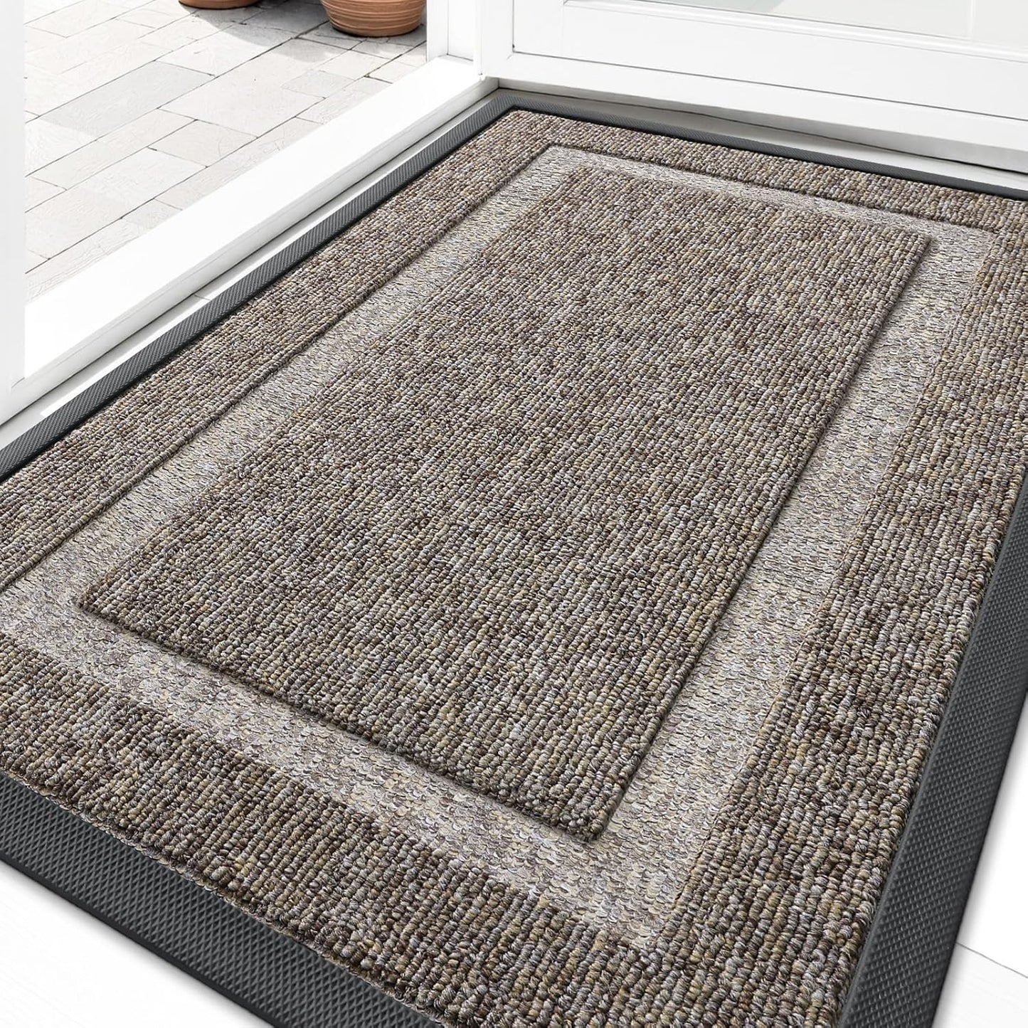 OLANLY Waterproof Front Door Mat - All-Season Natural Rubber Doormat | Easy Clean, Low Profile, 29.5x17, Khaki & White
