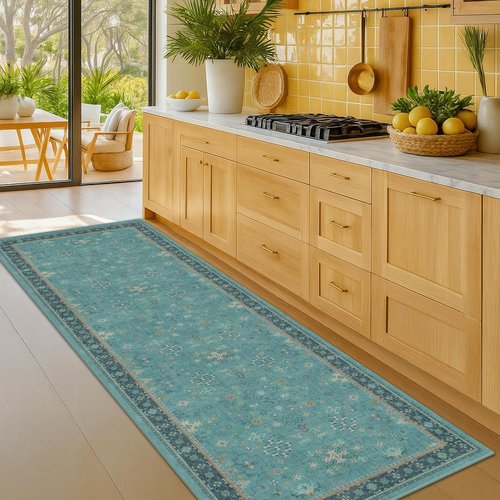 Boho Hallway Runner Rugs - Teal 2'6"x10' Washable Indoor Mats with Non-Slip Rubber Backing
