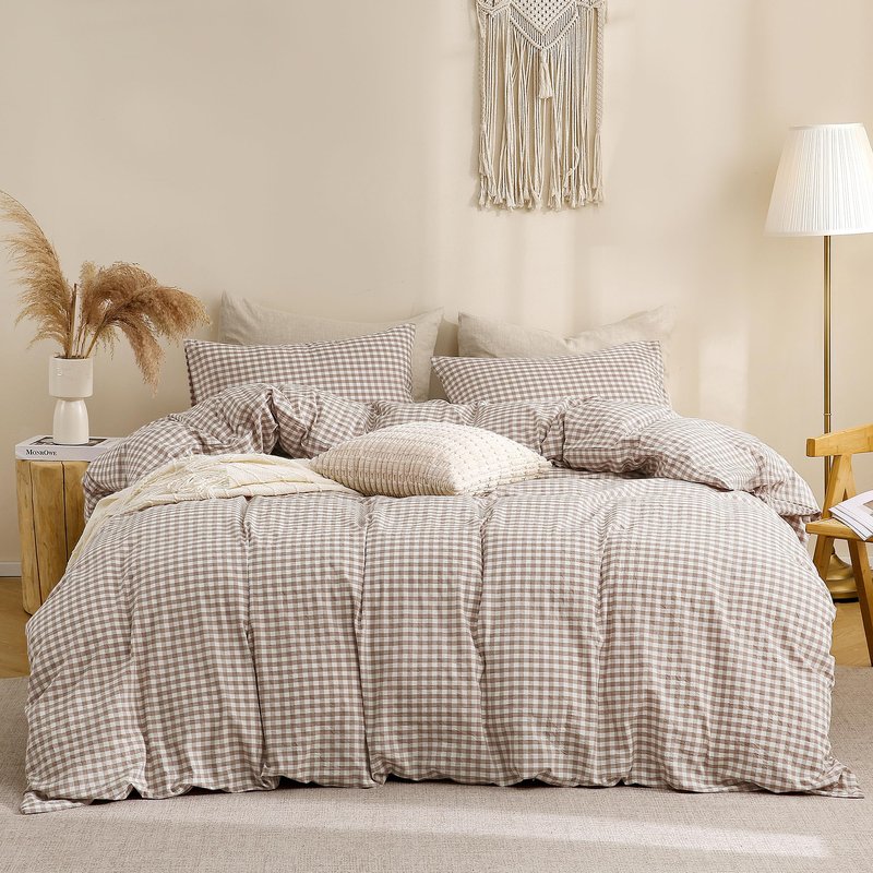 TOCOMOA Tan Gingham Duvet Cover Bedding Set 100% Washed Cotton Like Linen Feel Super Soft Comfy 3 Piece Brown Vintage Plaid Checkered Fall Comforter Cover Set (King 104"x90", Comforter Not Included)