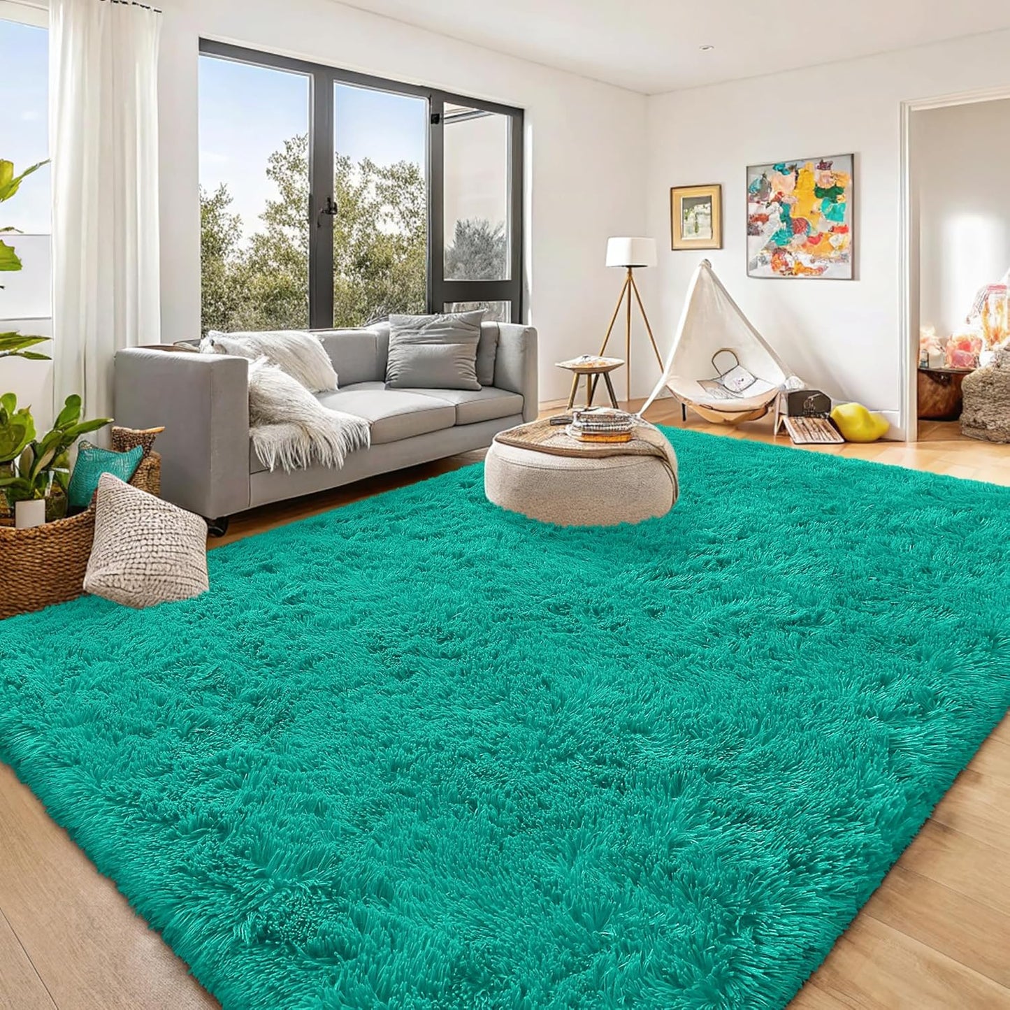 OLANLY 8x10 Large Area Rug - Soft Fluffy Shaggy Carpet for Living Room & Bedroom | Teal Green
