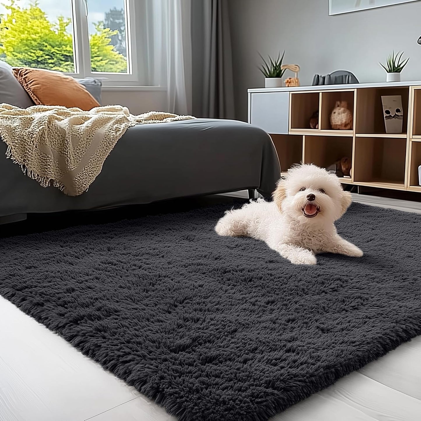 OLANLY Soft Fluffy Shaggy Area Rug - Machine Washable 3x4 Accent Rug for Bedroom & Living Room | Black